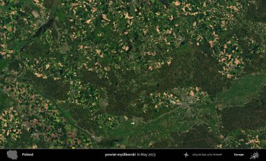powiat mysliborski. Copernicus Sentinel 'in Mayıs 2023' te çekilmiş uydu görüntüsü üzerine Polonya 'nın idari bölgesi.
