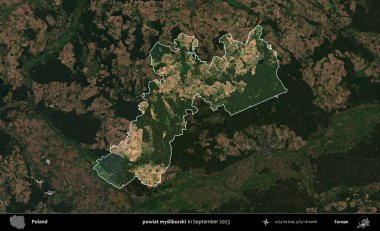 powiat mysliborski. Polonya 'nın idari alanı, Eylül 2023' te çekilen Kopernik Nöbetçi karolarından oluşan koyu renkli bir uydu görüntüsü üzerine vurgulandı ve özetlendi.
