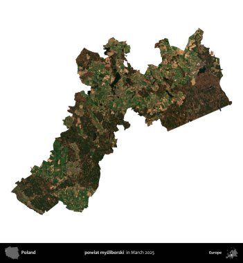powiat mysliborski. Polonya idari bölgesi, Mart 2025 'te çekilen Kopernik Nöbetçi karolarından oluşan bir uydu görüntüsü üzerinde beyaza izole edildi.