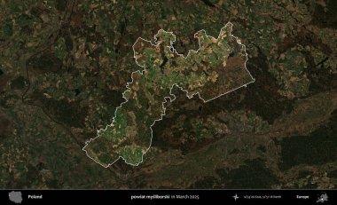 powiat mysliborski. Polonya 'nın idari alanı, Mart 2025' te çekilen Kopernik Nöbetçi karolarından oluşan koyu renkli bir uydu görüntüsü üzerine vurgulandı ve özetlendi