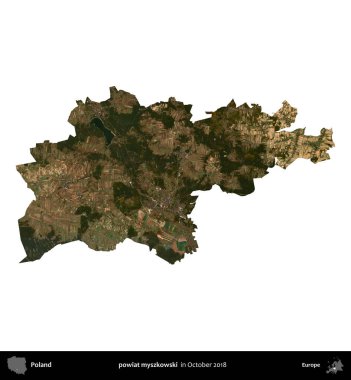 powiat myszkowski. Polonya idari bölgesi, Ekim 2018 'de çekilen Kopernik Nöbetçi karolarından oluşan bir uydu görüntüsü üzerinde beyaza izole edildi.