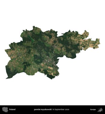powiat myszkowski. Polonya idari bölgesi, Eylül 2020 'de çekilen Kopernik Nöbetçi karolarından oluşan bir uydu görüntüsü üzerinde beyaza izole edildi.