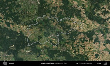 powiat myszkowski. Eylül 2020 'de çekilen Kopernik Nöbetçi karolarından oluşan bir uydu görüntüsü üzerine Polonya' nın idari bölgesinin ana hatlarını çizdim.