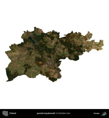 powiat myszkowski. Polonya idari bölgesi, Ekim 2021 'de çekilen Kopernik Nöbetçi karolarından oluşan bir uydu görüntüsü üzerinde beyaza izole edildi.