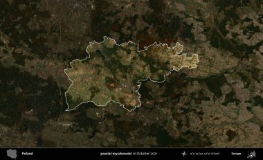 powiat myszkowski. Polonya 'nın idari alanı, Ekim 2021' de çekilen Kopernik Nöbetçi karolarından oluşan koyu renkli bir uydu görüntüsü üzerine vurgulandı ve özetlendi