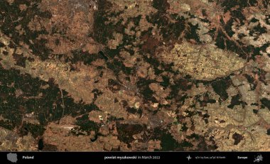 powiat myszkowski. Copernicus Sentinel 'in Mart 2022' de çekilmiş uydu görüntüsü üzerine Polonya 'nın idari bölgesi.