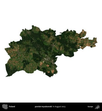 powiat myszkowski. Polonya idari bölgesi, Ağustos 2023 'te çekilen Kopernik Nöbetçi karolarından oluşan bir uydu görüntüsü üzerinde beyaza izole edildi.