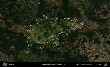 powiat myszkowski. Polonya 'nın idari alanı, Ağustos 2023' te çekilen Kopernik Nöbetçi karolarından oluşan koyu renkli bir uydu görüntüsü üzerine vurgulandı ve özetlendi.