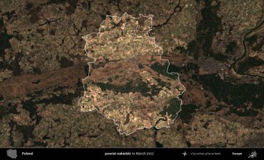 powiat nakielski. Polonya 'nın idari alanı, Mart 2022' de çekilen Kopernik Nöbetçi karolarından oluşan koyu renkli bir uydu görüntüsü üzerine vurgulandı ve özetlendi.