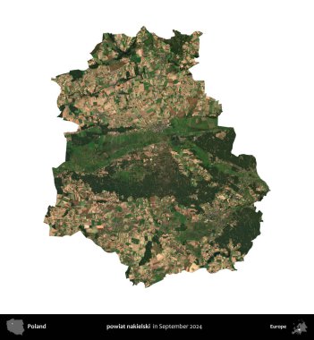 powiat nakielski. Polonya idari bölgesi, Eylül 2024 'te çekilen Kopernik Nöbetçi karolarından oluşan bir uydu görüntüsü üzerinde beyaza izole edildi.