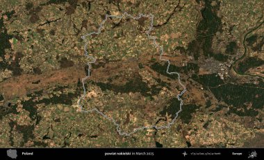 powiat nakielski. Polonya 'nın idari bölgesinin ana hatları, Mart 2025' te çekilen Kopernik Nöbetçi karolarından oluşan bir uydu görüntüsü üzerine çizildi.