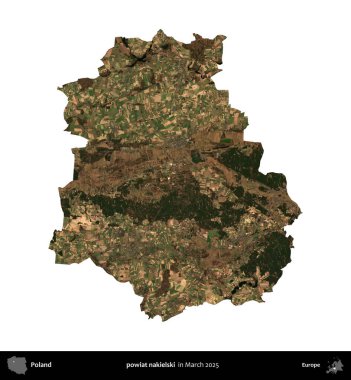 powiat nakielski. Polonya idari bölgesi, Mart 2025 'te çekilen Kopernik Nöbetçi karolarından oluşan bir uydu görüntüsü üzerinde beyaza izole edildi.