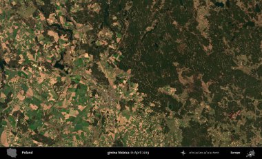gmina Nidzica. Nisan 2019 'da çekilen Kopernik Sentinel karolarından oluşan bir uydu görüntüsü üzerine Polonya' nın idari bölgesi