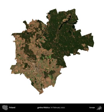 gmina Nidzica. Polonya idari bölgesi, Şubat 2022 'de çekilen Kopernik Nöbetçi karolarından oluşan bir uydu görüntüsü üzerinde beyaza izole edildi.