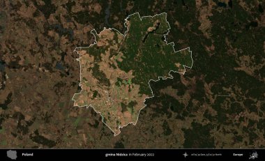 gmina Nidzica. Polonya 'nın idari alanı, Şubat 2022' de çekilen Kopernik Nöbetçi karolarından oluşan koyu renkli bir uydu görüntüsü üzerine vurgulandı ve özetlendi.