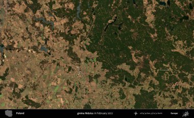 gmina Nidzica. Polonya 'nın idari bölgesi, Şubat 2022' de çekilen Kopernik Sentinel karolarından oluşan bir uydu görüntüsü üzerine kurulmuştur.