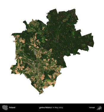 gmina Nidzica. Polonya 'nın idari bölgesi, Mayıs 2024' te çekilen Kopernik Nöbetçi Fayanslarından oluşan bir uydu görüntüsü üzerinde beyaza izole edildi.