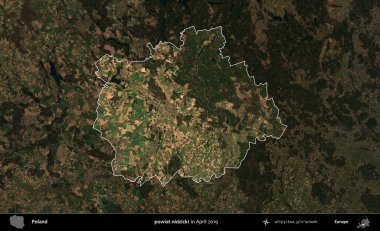 powiat nidzicki. Polonya 'nın idari alanı, Nisan 2019' da çekilen Kopernik Nöbetçi karolarından oluşan koyu renkli bir uydu görüntüsü üzerine vurgulandı ve özetlendi.