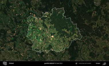 powiat nidzicki. Polonya 'nın idari alanı, Haziran 2021' de çekilen Kopernik Nöbetçi karolarından oluşan koyu renkli bir uydu görüntüsüyle vurgulandı ve özetlendi