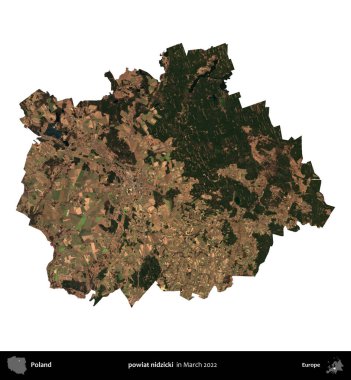 powiat nidzicki. Polonya idari bölgesi, Mart 2022 'de çekilen Kopernik Nöbetçi karolarından oluşan bir uydu görüntüsü üzerinde beyaza izole edildi.