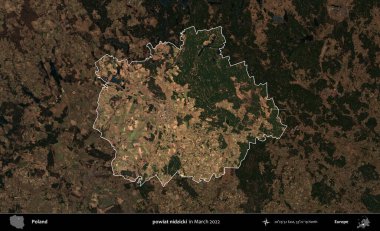 powiat nidzicki. Polonya 'nın idari alanı, Mart 2022' de çekilen Kopernik Nöbetçi karolarından oluşan koyu renkli bir uydu görüntüsü üzerine vurgulandı ve özetlendi.