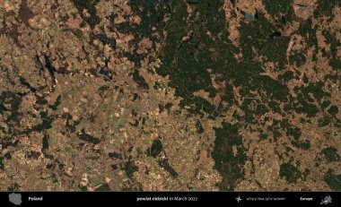 powiat nidzicki. Copernicus Sentinel 'in Mart 2022' de çekilmiş uydu görüntüsü üzerine Polonya 'nın idari bölgesi.