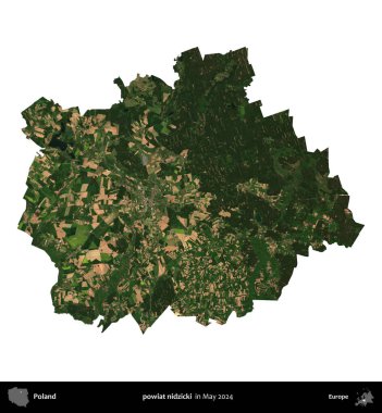 powiat nidzicki. Polonya 'nın idari bölgesi, Mayıs 2024' te çekilen Kopernik Nöbetçi Fayanslarından oluşan bir uydu görüntüsü üzerinde beyaza izole edildi.