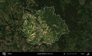 powiat nidzicki. Polonya 'nın idari alanı, Mayıs 2024' te çekilen Kopernik Nöbetçi karolarından oluşan koyu renkli bir uydu görüntüsü üzerinde vurgulandı ve özetlendi.