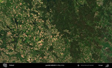 powiat nidzicki. Mayıs 2024 'te Copernicus Sentinel karolarından oluşan uydu görüntüsü üzerine Polonya' nın idari bölgesi