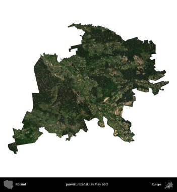 powiat nizanski. Polonya idari bölgesi, Mayıs 2017 'de çekilen Kopernik Nöbetçi karolarından oluşan bir uydu görüntüsü üzerinde beyaza izole edildi.