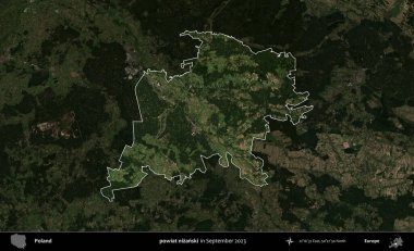 powiat nizanski. Polonya 'nın idari alanı, Eylül 2023' te çekilen Kopernik Nöbetçi karolarından oluşan koyu renkli bir uydu görüntüsü üzerine vurgulandı ve özetlendi.