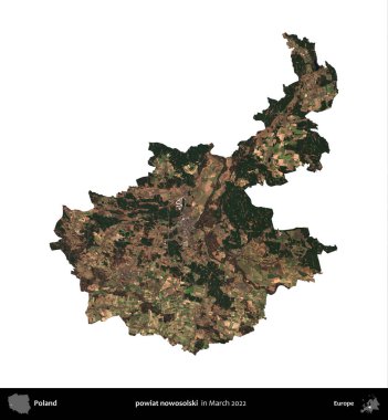 powiat nowosolski. Polonya idari bölgesi, Mart 2022 'de çekilen Kopernik Nöbetçi karolarından oluşan bir uydu görüntüsü üzerinde beyaza izole edildi.