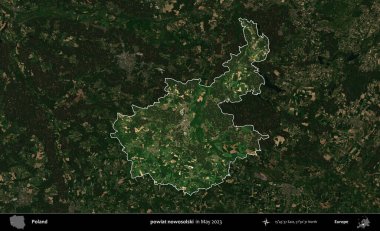 powiat nowosolski. Polonya 'nın idari alanı, Mayıs 2023' te çekilen Kopernik Nöbetçi karolarından oluşan koyu renkli bir uydu görüntüsü üzerinde vurgulandı ve özetlendi.