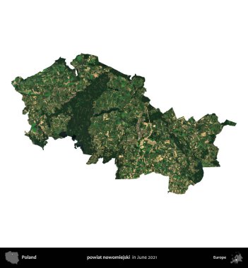 powiat nowomiejski. Polonya idari bölgesi, Haziran 2021 'de çekilen Kopernik Nöbetçi karolarından oluşan bir uydu görüntüsü üzerinde beyaza izole edildi.