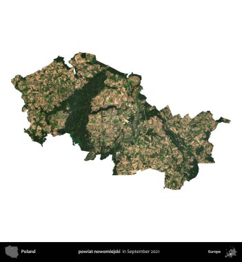 powiat nowomiejski. Polonya idari bölgesi, Eylül 2021 'de çekilen Kopernik Nöbetçi karolarından oluşan bir uydu görüntüsü üzerinde beyaza izole edildi.