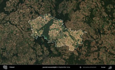 powiat nowomiejski. Polonya 'nın idari alanı, Eylül 2024' te çekilen Kopernik Nöbetçi karolarından oluşan koyu renkli bir uydu görüntüsü üzerine vurgulandı ve özetlendi