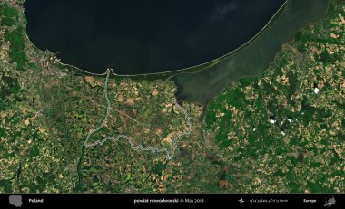 Powiat nowdworski. Mayıs 2018 'de çekilen Kopernik Nöbetçi karolarından oluşan bir uydu görüntüsü üzerine Polonya' nın idari bölgesinin ana hatlarını belirledik.