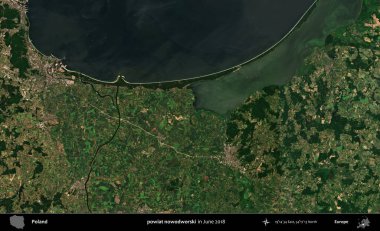 Powiat nowdworski. Copernicus Sentinel 'in Haziran 2018' de çekilmiş uydu görüntüsü üzerine Polonya 'nın idari bölgesi