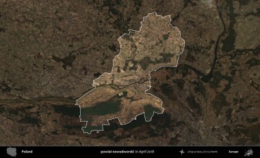 Powiat nowdworski. Polonya 'nın idari alanı, Nisan 2018' de çekilen Kopernik Nöbetçi karolarından oluşan koyu renkli bir uydu görüntüsü üzerine vurgulandı ve özetlendi