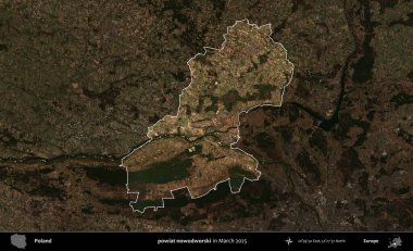 Powiat nowdworski. Polonya 'nın idari alanı, Mart 2025' te çekilen Kopernik Nöbetçi karolarından oluşan koyu renkli bir uydu görüntüsü üzerine vurgulandı ve özetlendi