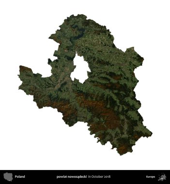 Şimdi powiat nowosadecki. Polonya idari bölgesi, Ekim 2018 'de çekilen Kopernik Nöbetçi karolarından oluşan bir uydu görüntüsü üzerinde beyaza izole edildi.