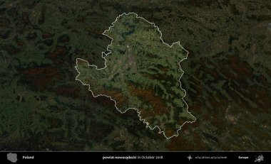 Şimdi powiat nowosadecki. Polonya 'nın idari alanı, Ekim 2018' de çekilen Kopernik Nöbetçi karolarından oluşan koyu renkli bir uydu görüntüsü üzerine vurgulandı ve özetlendi