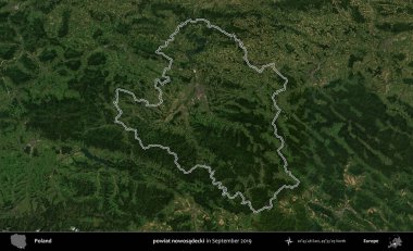 Şimdi powiat nowosadecki. Eylül 2019 'da çekilen Kopernik Nöbetçi karolarından oluşan bir uydu görüntüsü üzerine Polonya' nın idari bölgesinin ana hatlarını çizdim.