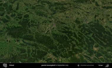 Şimdi powiat nowosadecki. Eylül 2019 'da çekilen Kopernik Sentinel karolarından oluşan uydu görüntüsü üzerine Polonya' nın idari bölgesi