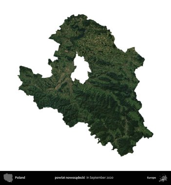 Şimdi powiat nowosadecki. Polonya idari bölgesi, Eylül 2020 'de çekilen Kopernik Nöbetçi karolarından oluşan bir uydu görüntüsü üzerinde beyaza izole edildi.