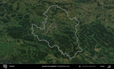 Şimdi powiat nowosadecki. Eylül 2020 'de çekilen Kopernik Nöbetçi karolarından oluşan bir uydu görüntüsü üzerine Polonya' nın idari bölgesinin ana hatlarını çizdim.