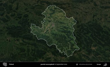 Şimdi powiat nowosadecki. Polonya 'nın idari alanı, Eylül 2020' de çekilen Kopernik Nöbetçi karolarından oluşan koyu renkli bir uydu görüntüsü üzerine vurgulandı ve özetlendi