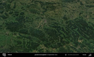 Şimdi powiat nowosadecki. Eylül 2020 'de Copernicus Sentinel karolarından oluşan bir uydu görüntüsü üzerine Polonya' nın idari bölgesi
