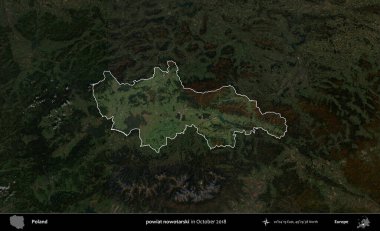 Şimdi powiat nowotarski. Polonya 'nın idari alanı, Ekim 2018' de çekilen Kopernik Nöbetçi karolarından oluşan koyu renkli bir uydu görüntüsü üzerine vurgulandı ve özetlendi