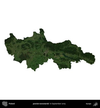 Şimdi powiat nowotarski. Polonya idari bölgesi, Eylül 2019 'da çekilen Kopernik Nöbetçi karolarından oluşan bir uydu görüntüsü üzerinde beyaza izole edildi.